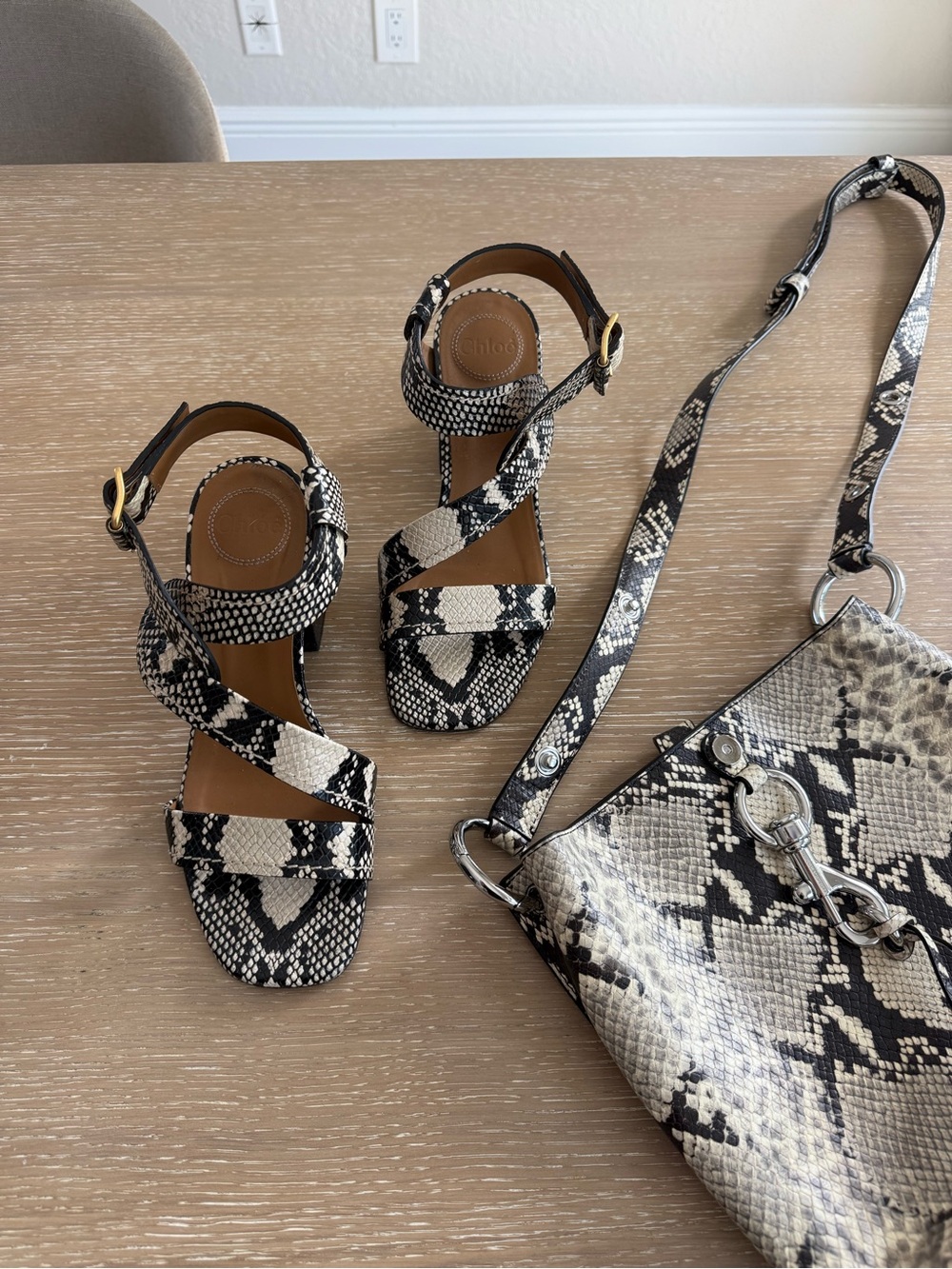 Chloe Black & Ivory Snake-Print Strappy Leather Sandals & Chloe Purse SET